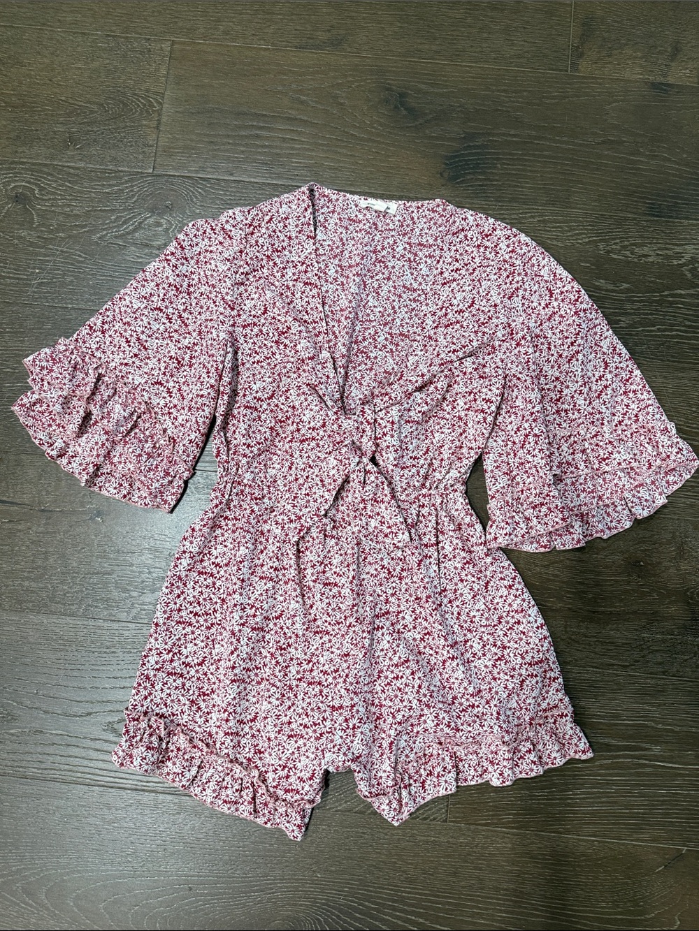 Women's Floral Tie-Front Romper in Red and White
